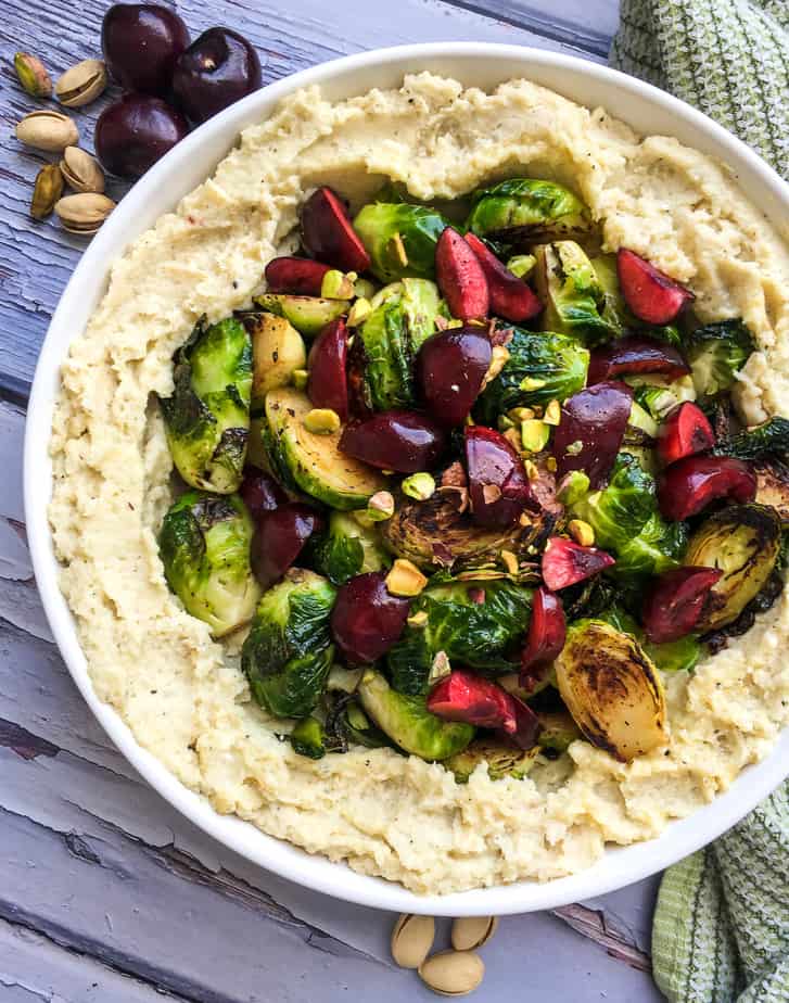Cauliflower Mash with Crispy Brussels Sprouts