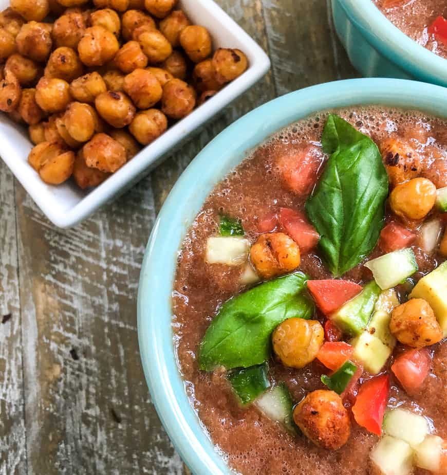Chilled Gazpacho with Crispy Chickpea “Croutons” in a bowl