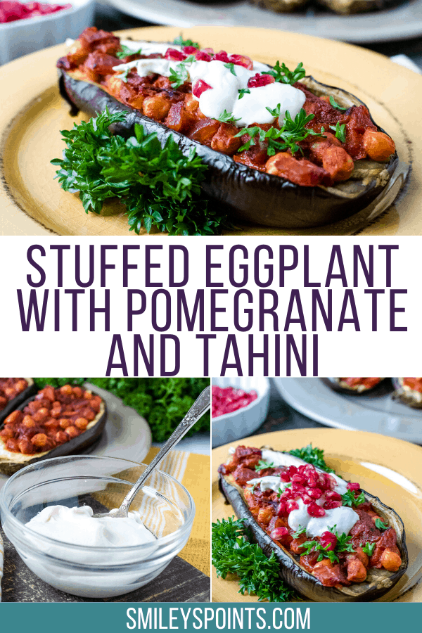 Stuffed Eggplants with Pomegranate & Tahini on a yellow plate