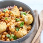 Cauliflower and chickepeas roasted in a stone bowl