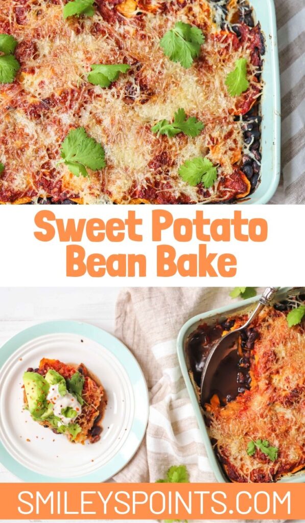 A collage of sweet potato and black bean casserole in white dishes