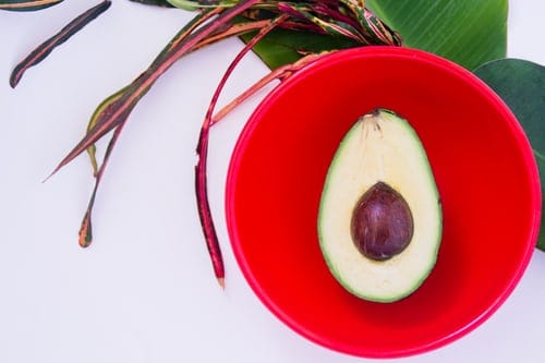 A red bowl on a white background. Under the bowl is a banana leaf and some plants. In the red bowl is half an avocado with the pit in it.