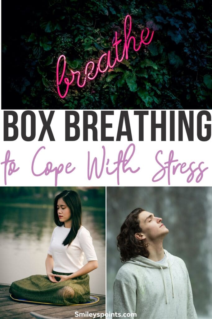 Box Breathing  collage on top is a neon pink sign that says breathe bottom left is a woman in the lotus pose meditation and the bottom right has a man looking towards the sky with his eyes closed