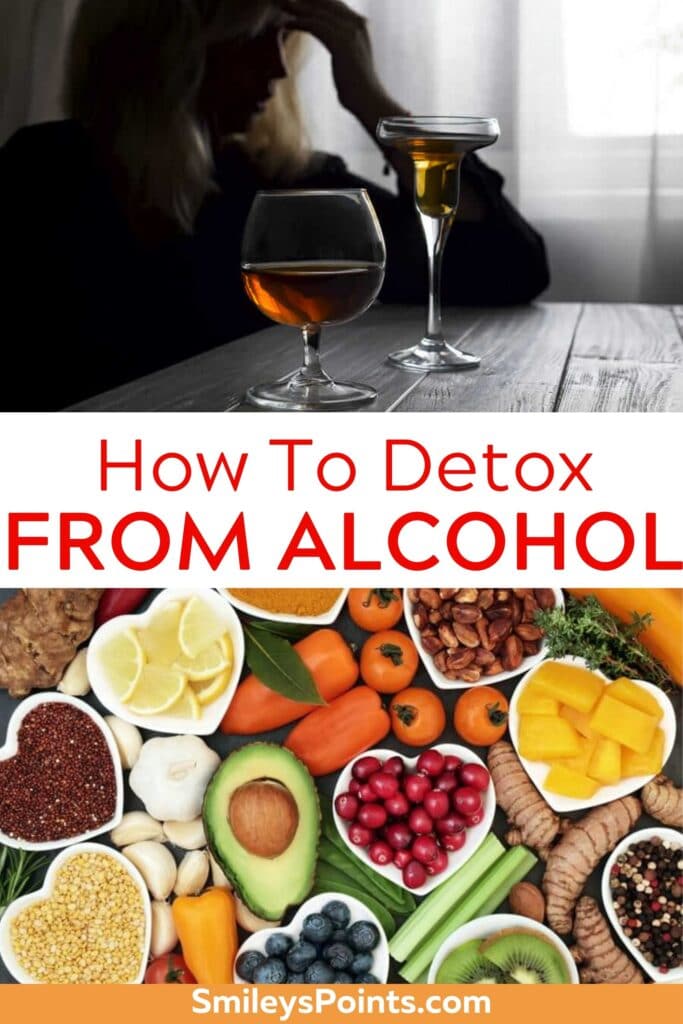 How to Detox from alcohol collage bottom picture is fruits and vegetables
Top picture is a woman with 2 glasses of amber colored liquid on a table.