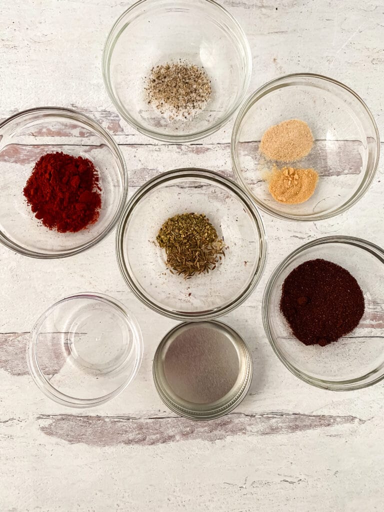 seasonings in glass bowls ready to be mixed