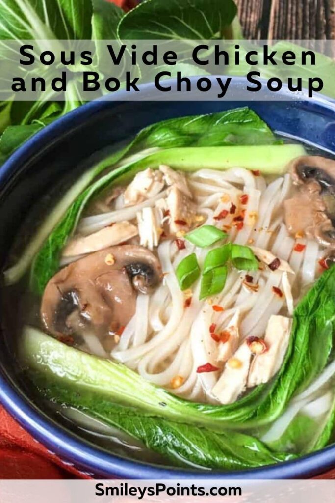 Sous Vide Chicken and Bok Choy Soup in a blue bowl on a wooden table