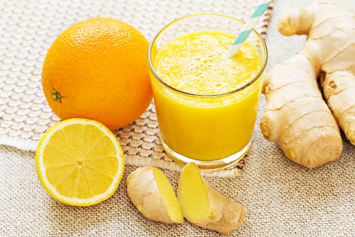 Orange, lemon, ginger smoothies. Vegan energy smoothie. Healthy Drink.