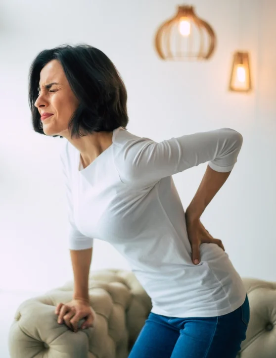 The woman, wearing a white t-shirt, is balancing herself with one hand on the couch while holding her lower back in pain