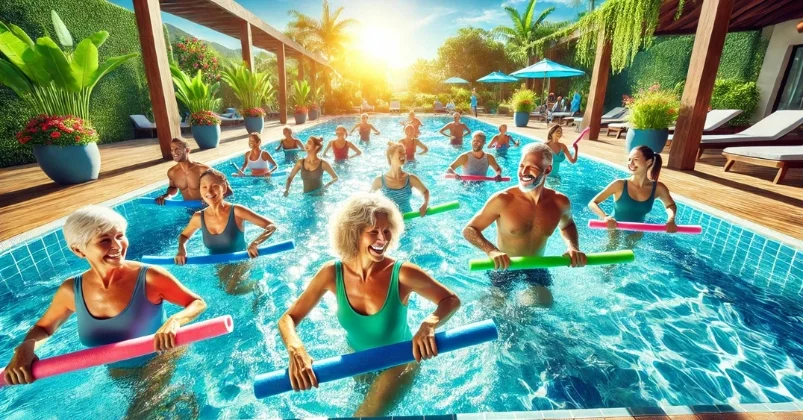 image shows a vibrant outdoor water aerobics class in a sunlit pool surrounded by lush greenery, featuring diverse, smiling participants with colorful pool noodles