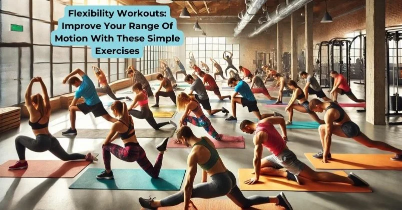 A group of people is performing flexibility workouts in a bright, spacious gym