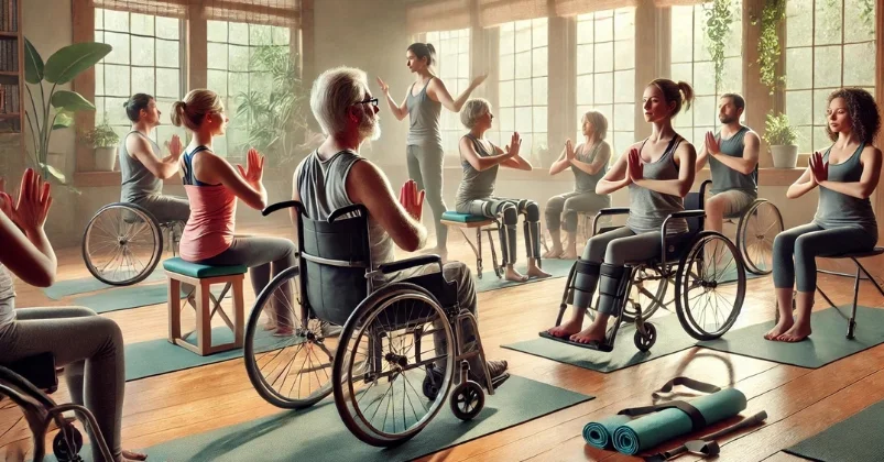 A place with large windows, where participants of various ages and body types use adaptive equipment for yoga poses with the help of an instructor