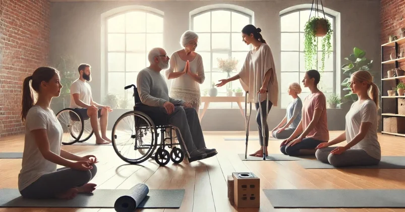 A serene, sunlit studio hosts a diverse group practicing adaptive yoga, including individuals with mobility aids. The instructor fosters inclusivity, highlighting yoga's benefits for fibromyalgia