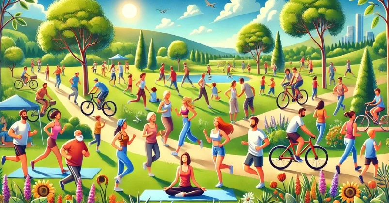 image shows diverse people jogging, practicing yoga, and cycling amid lush greenery under blue sky. The happy, energetic participants are surrounded by trees, flowers, and distant mountains