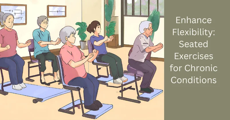 A group of elderly individuals is participating in chair exercises in an indoor setting