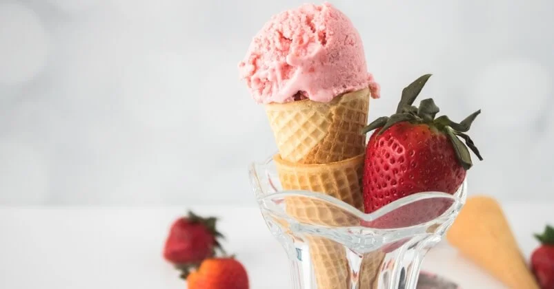 dairy free strawberry ice cream wafer cone in glass