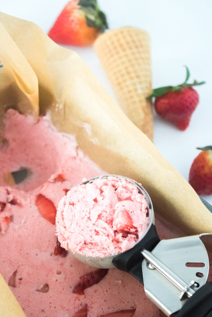 scooped strawberry ice-cream from loaf pan