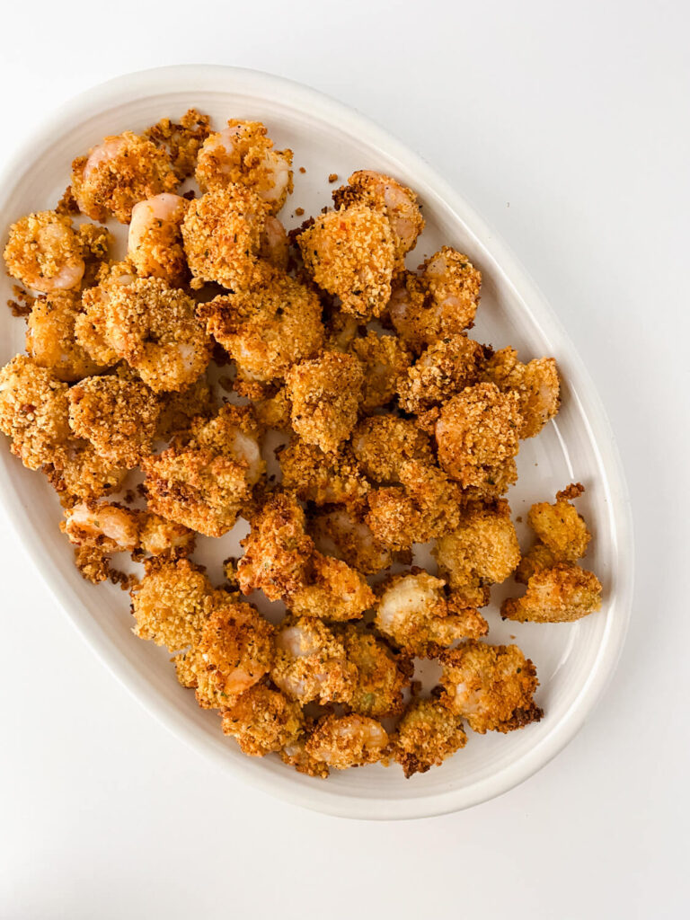 air fryer popcorn shrimp on white plate