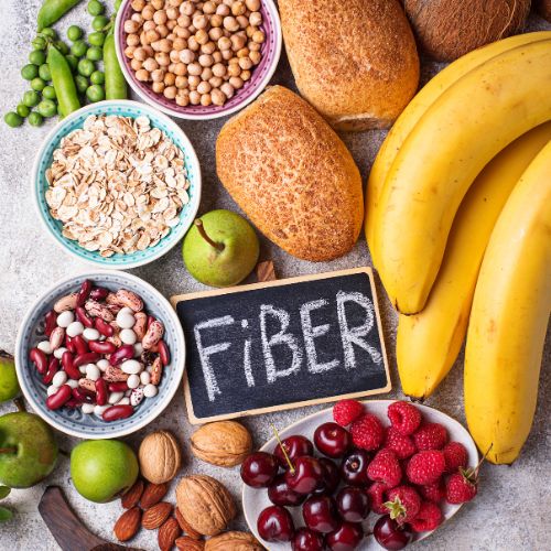 fiber rich foods, banana, litchi, almonds, green beans, strawberry, plums