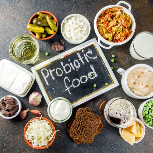 probiotic food, cake, juice, butter, green beans, milk, yogurt