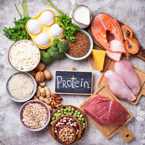 protein foods, fish, beans, meat, almonds, eggs, broccoli, milk, coriander