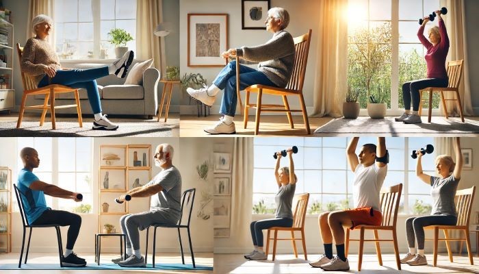 A collage shows seniors doing chair exercises, like leg lifts and arm stretches, in indoor and outdoor settings
