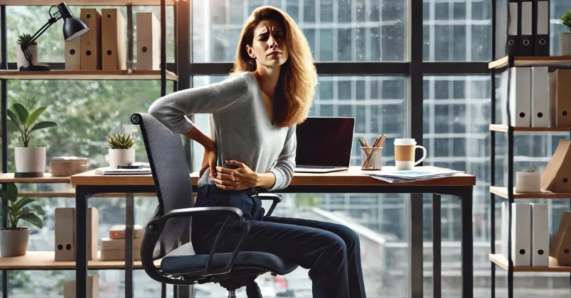 A woman is sitting in an office chair, holding her lower back with a pained expression. The desk in front of her has a laptop, a coffee cup, and some documents