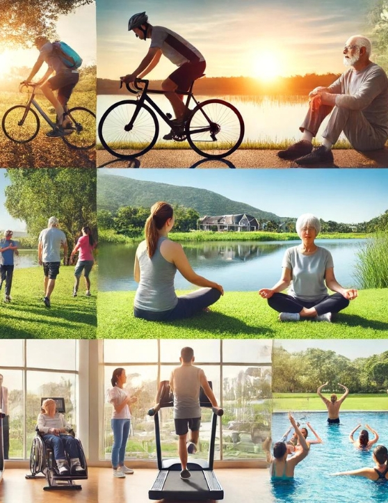 They depict various exercises in serene and modern settings, highlighting inclusivity and health benefits for all ages