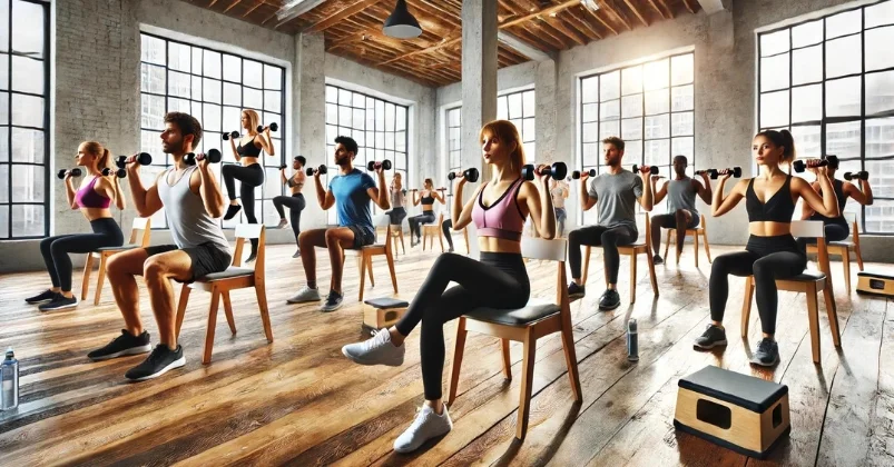 They showcase diverse participants in a spacious room, performing exercises like seated leg lifts, chair squats, and arm raises