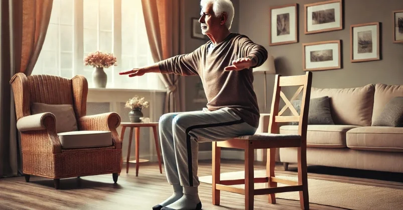 an elderly individual performing seated balance exercises in a cozy living room