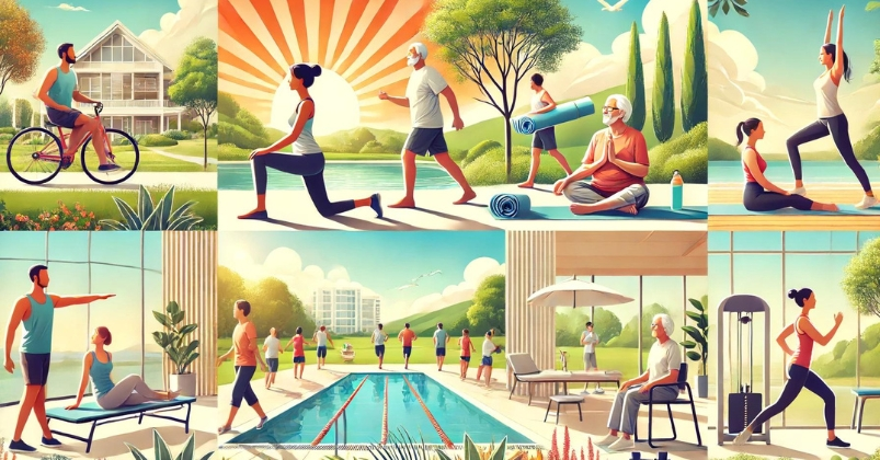 collage of people cycling, doing yoga, walking, swimming, and exercising indoors and outdoors, highlighting various healthy lifestyle activities