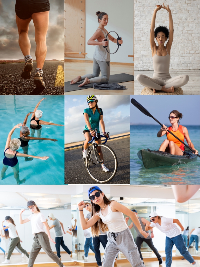 collage of various physical activities, including running, Pilates, yoga, swimming, cycling, kayaking, and dancing