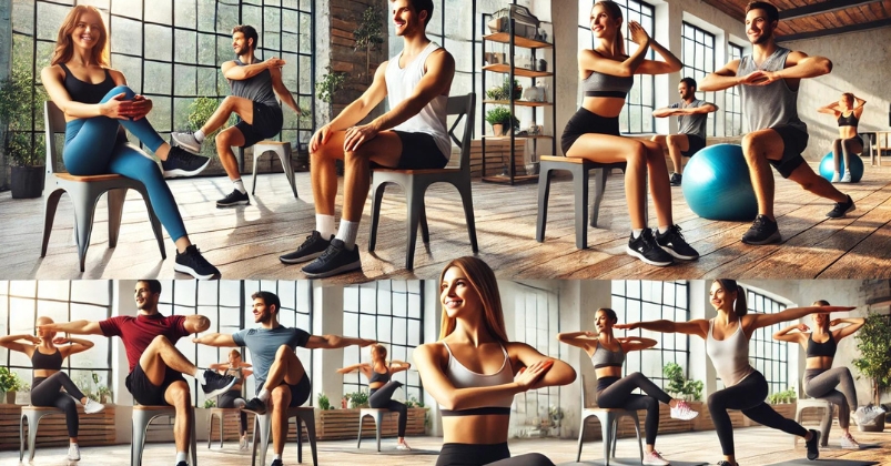 group of people performs seated jacks, chair planks, seated torso twists, and seated knee lifts with rotation
