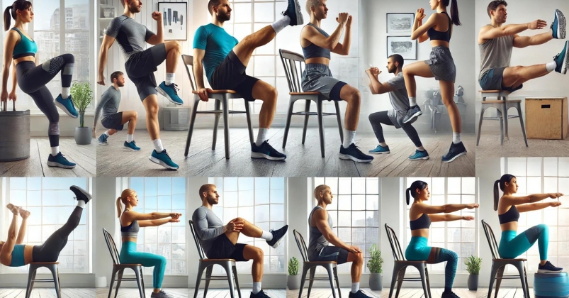 image illustrating effective leg and glute workouts from a chair, including exercises like seated leg lifts, chair squats, knee extensions, and seated leg circles