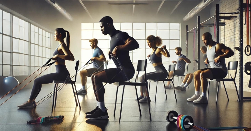 image is depicting a diverse group of people performing various chair workouts using resistance bands in a gym setting