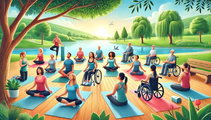 image is depicting a diverse group of people practicing adaptive yoga in a serene outdoor setting