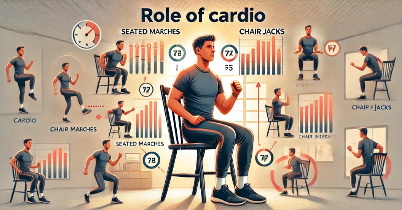 image is illustrating the role of cardio in chair exercises, featuring seated marches, chair jacks, core engagement, and highlighting tempo and intervals