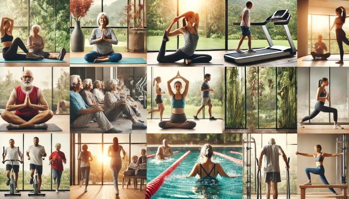 image showcasing a variety of activities including yoga, stretching, walking, swimming, and using gym equipment, both indoors and outdoors