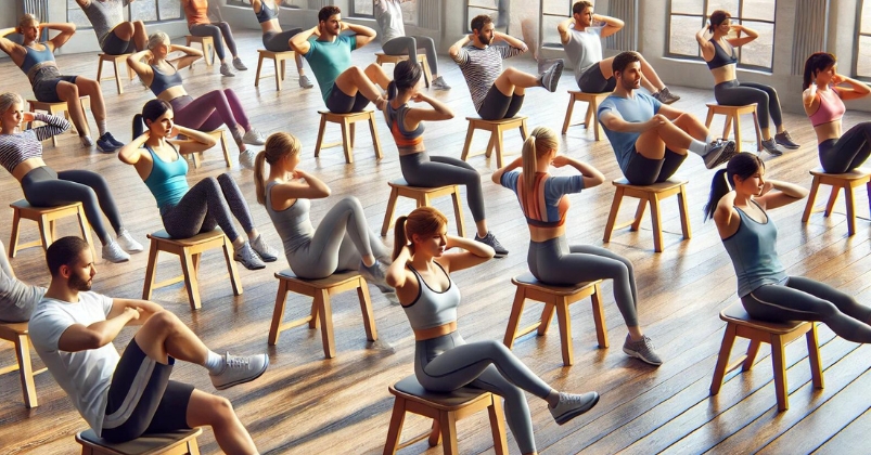 individuals performing exercises like tummy twists, leg lifts, gentle torso tilts, isometric ab holds, and seated marches