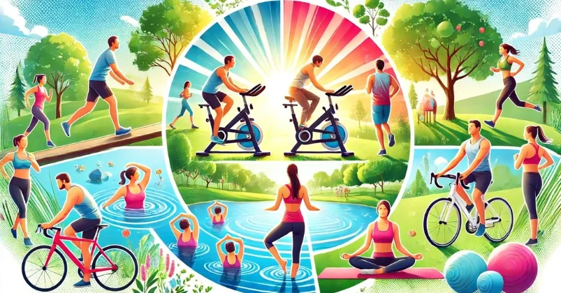 variety of low-impact exercises for weight loss. The scene includes people engaging in activities such as swimming, cycling, walking and yoga