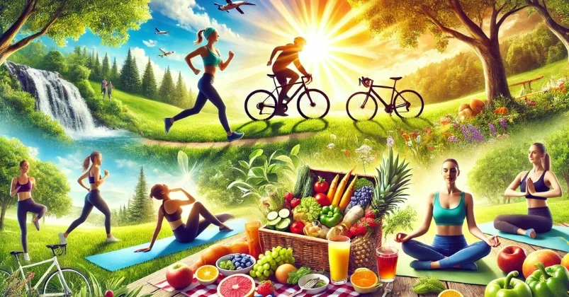 A girl engaging in various forms of exercise and healthy eating, including running, aerobics, yoga, and cycling