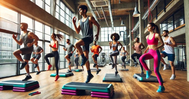 A group of people performing aerobic exercises in a gym, engaging in activities like jumping jacks and running in place