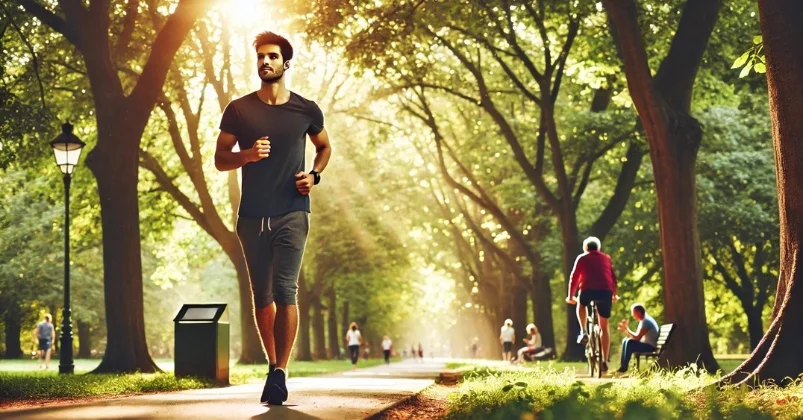 A person is jogging along a tree-lined path, looking relaxed in comfortable athletic wear