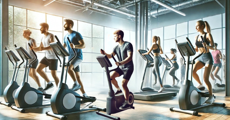 An image of beginners performing low-impact cardio exercises, featuring a diverse group of people using treadmills