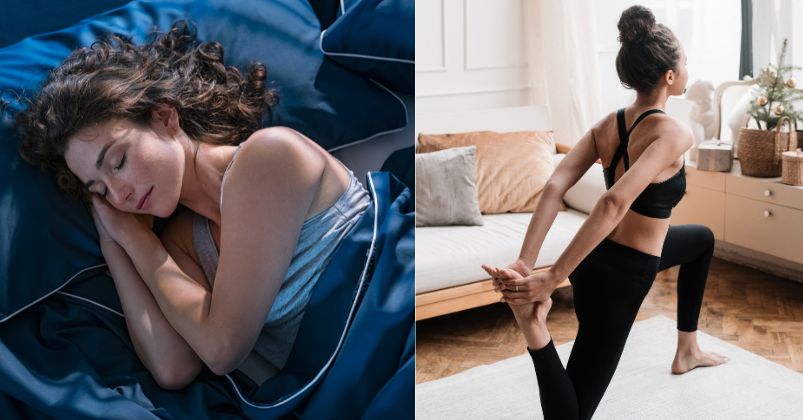 Images show a girl sleeping in a bedroom and exercising in a hall, wearing a blue and black dress.