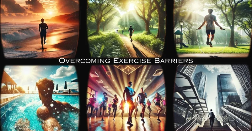 The image shows a man running on a beach, jogging in a forest, jump roping in a park, swimming in a pool, participating in a group fitness class, and climbing stairs