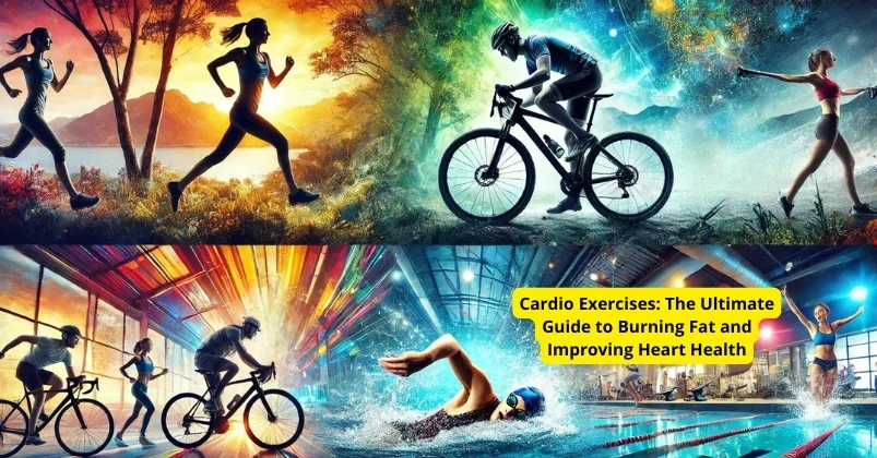 This image features cardio exercises running, cycling, swimming, and dancing