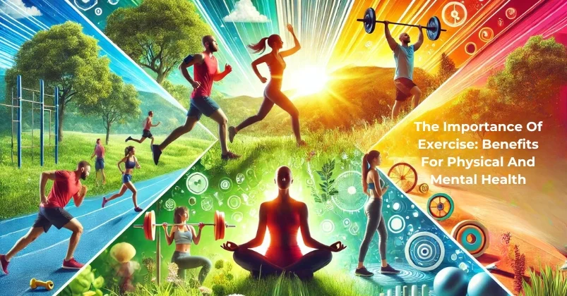 This image shows a vibrant park with people running, practicing yoga, lifting weights, and meditating, highlighting the benefits of exercise for physical and mental health in a bright, lush setting