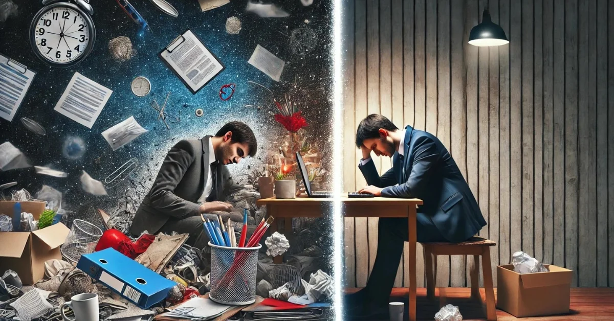 Two split-screen images one shows a person unmotivated in a cluttered space, the other shows the same person motivated in a clean, organized space