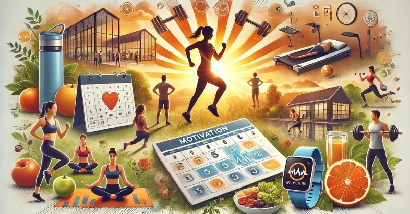 image showing a sunrise jog, gym workout, outdoor yoga, and a fitness tracker. Motivational elements include a workout calendar, healthy foods, and an excited person, creating an energetic mood