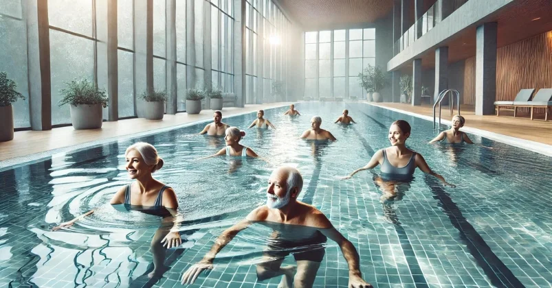 A group of older adults engage in a joyful water exercise session in a serene, well-lit indoor pool, promoting fitness and well-being